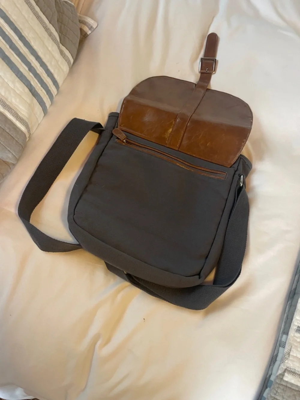 Doterra Gray Canvas Messenger Bag with Brown Leather Flap